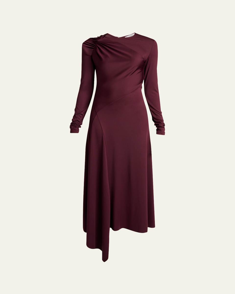 Twisted Long-Sleeve Asymmetric Midi Dress